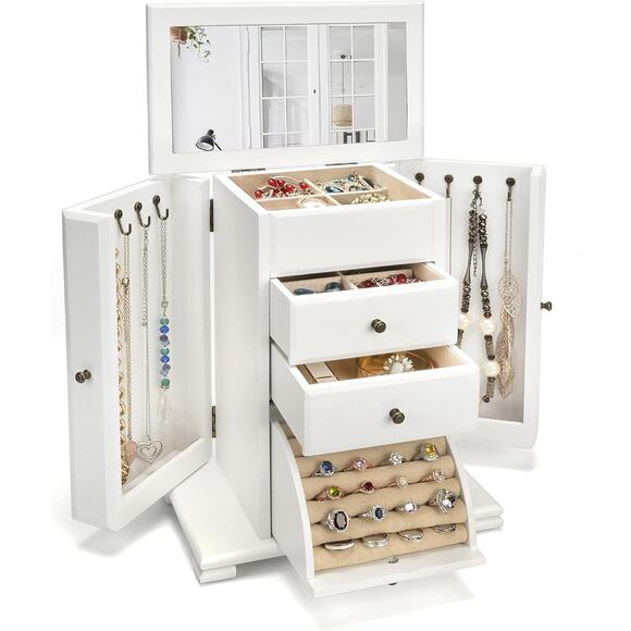 Rustic Wooden Jewelry Boxes & Organizers with Mirror (Weathered White) - Picture 1 of 5